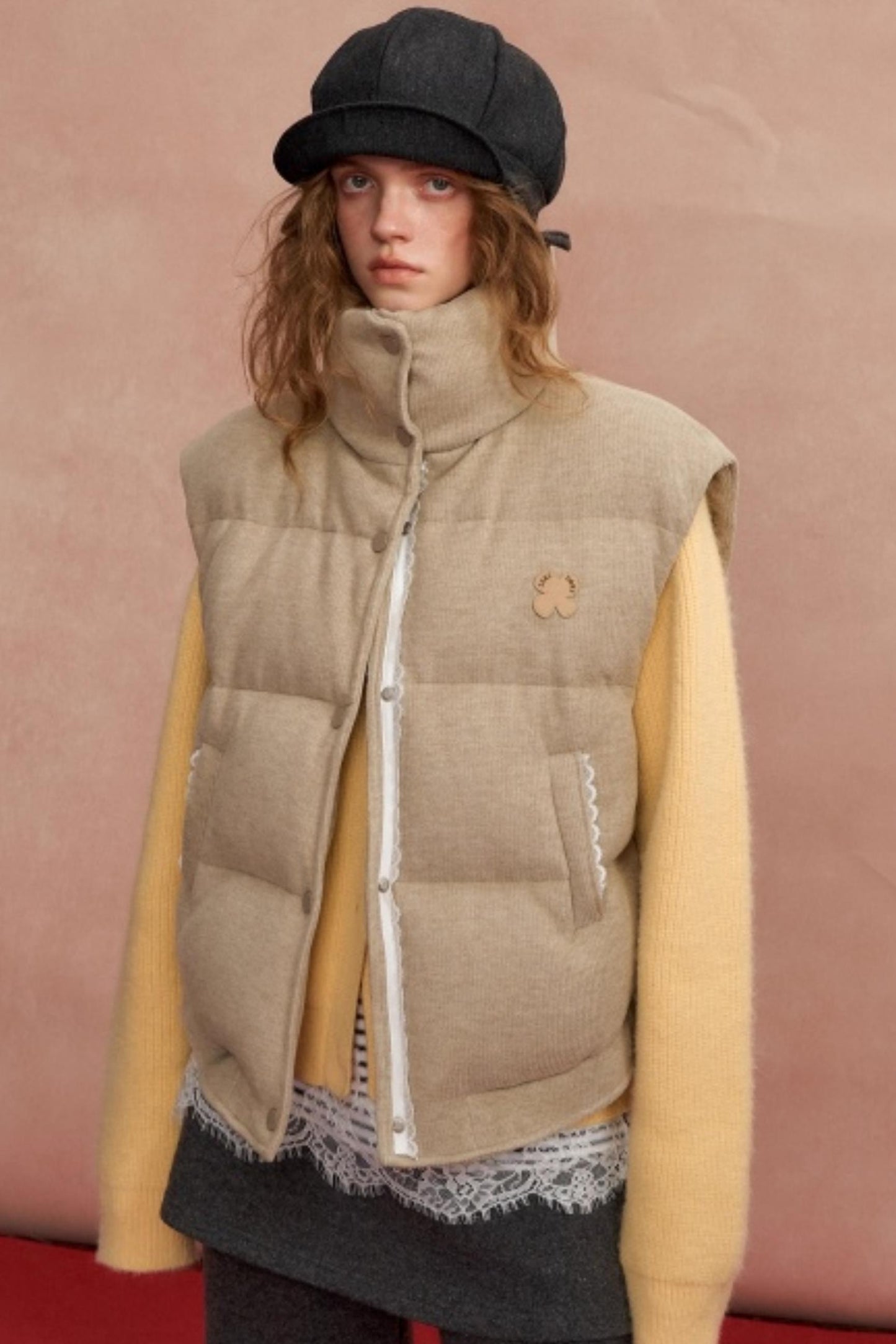 Lace Patchwork Stand Collar Puffer Vest