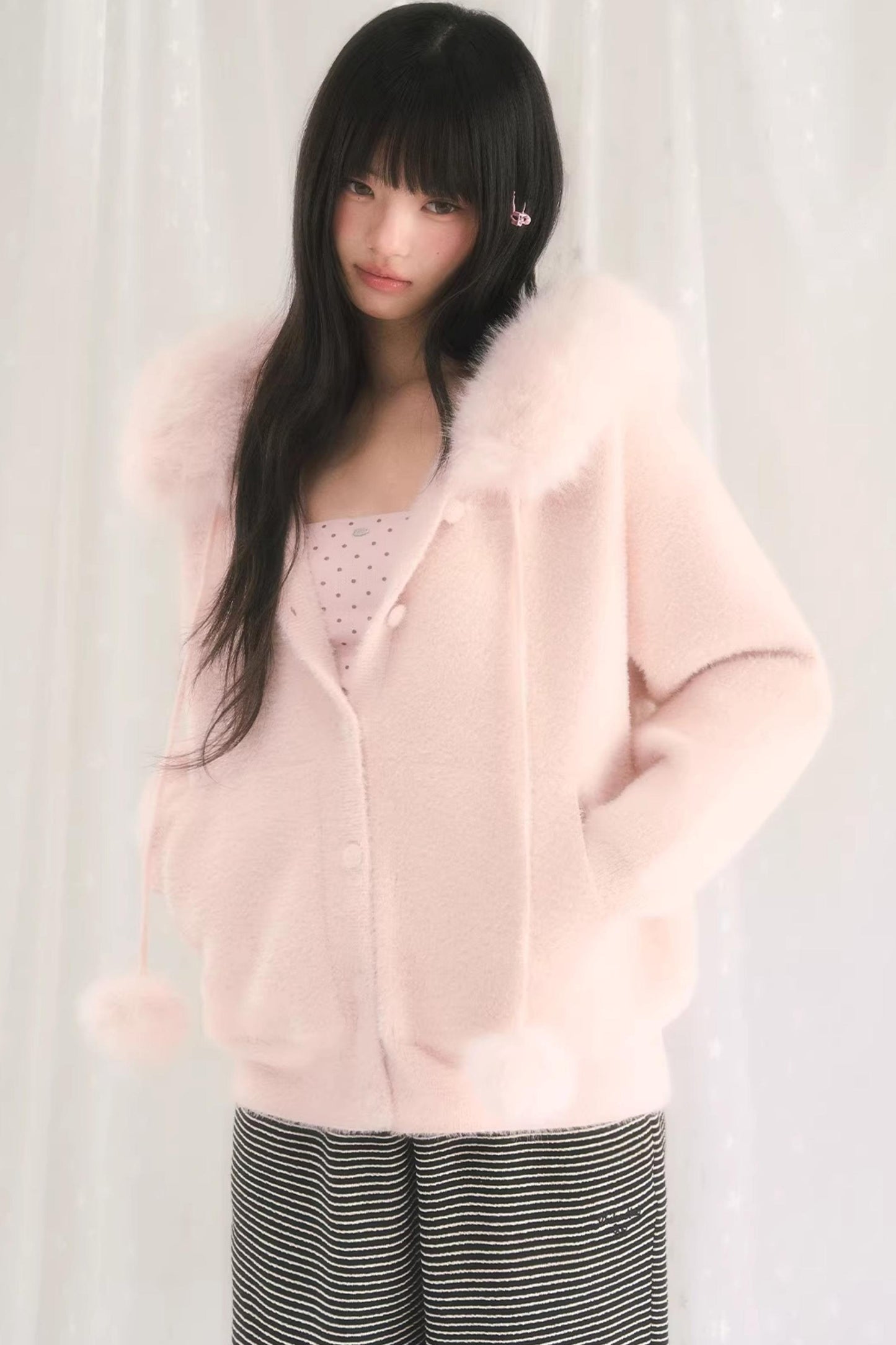 Pink Korean Fur Hooded Jacket