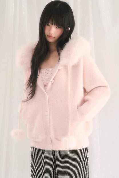 Pink Korean Fur Hooded Jacket