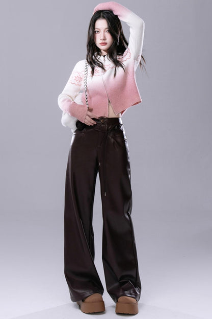 COTRE Angora red protein leather bottom wide-leg leather trousers