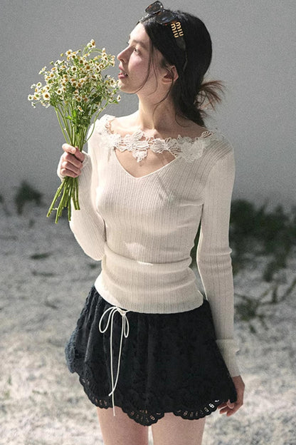 Lace-Trimmed Knitted Top