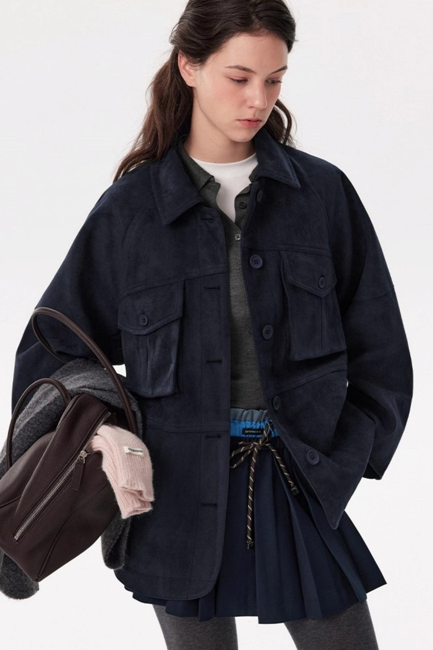 Cold Mid-Length Navy Suede Jacket