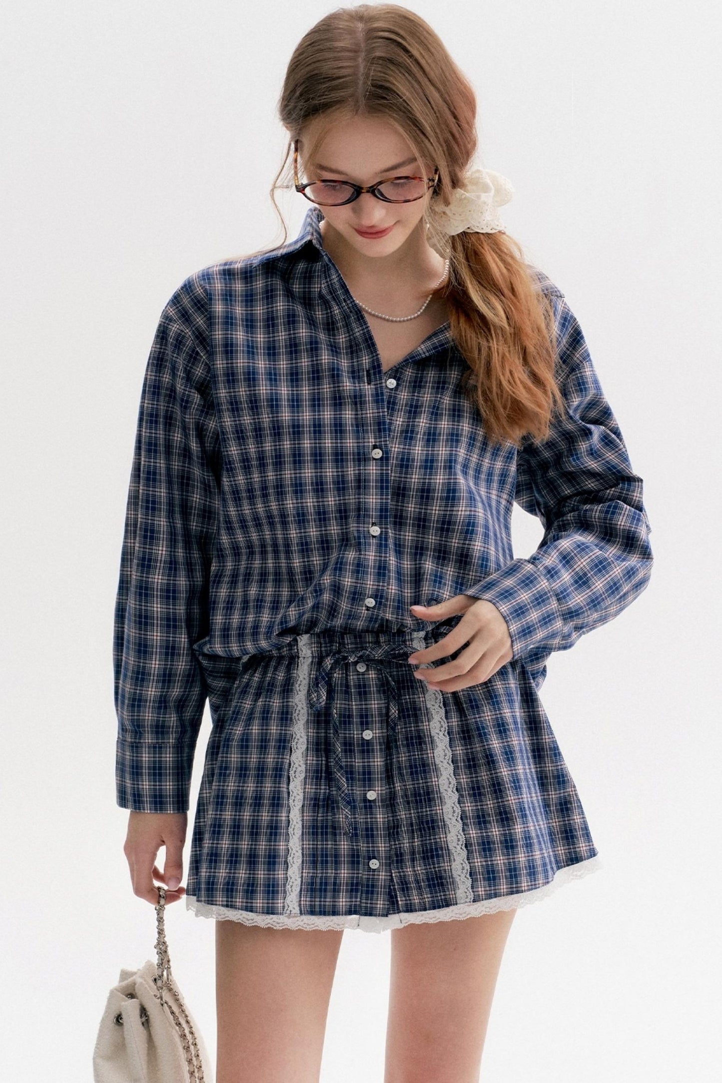 Lace Stitching Check Short Skirt