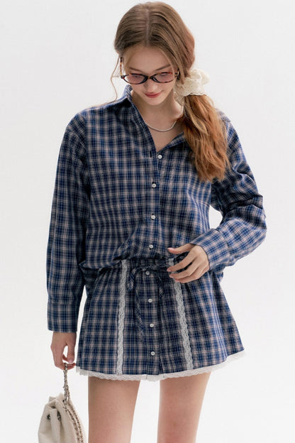 Lace Stitching Check Short Skirt