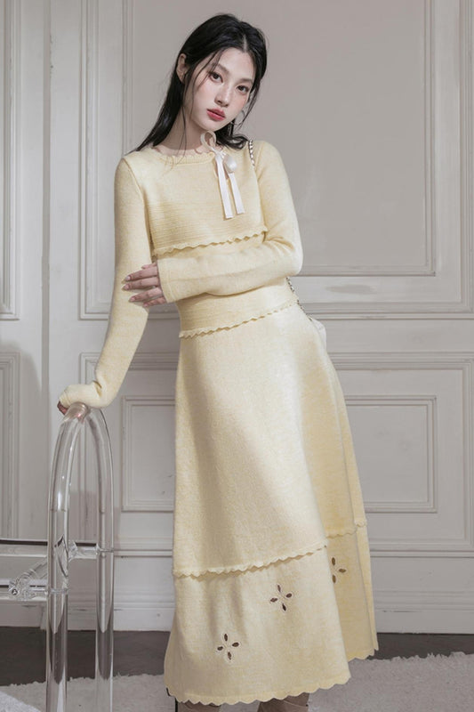 Cream Gray Lace Wool Dress