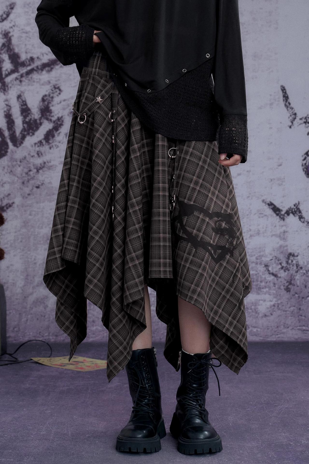 Fighting Spirit Street Brown Plaid Long Skirt