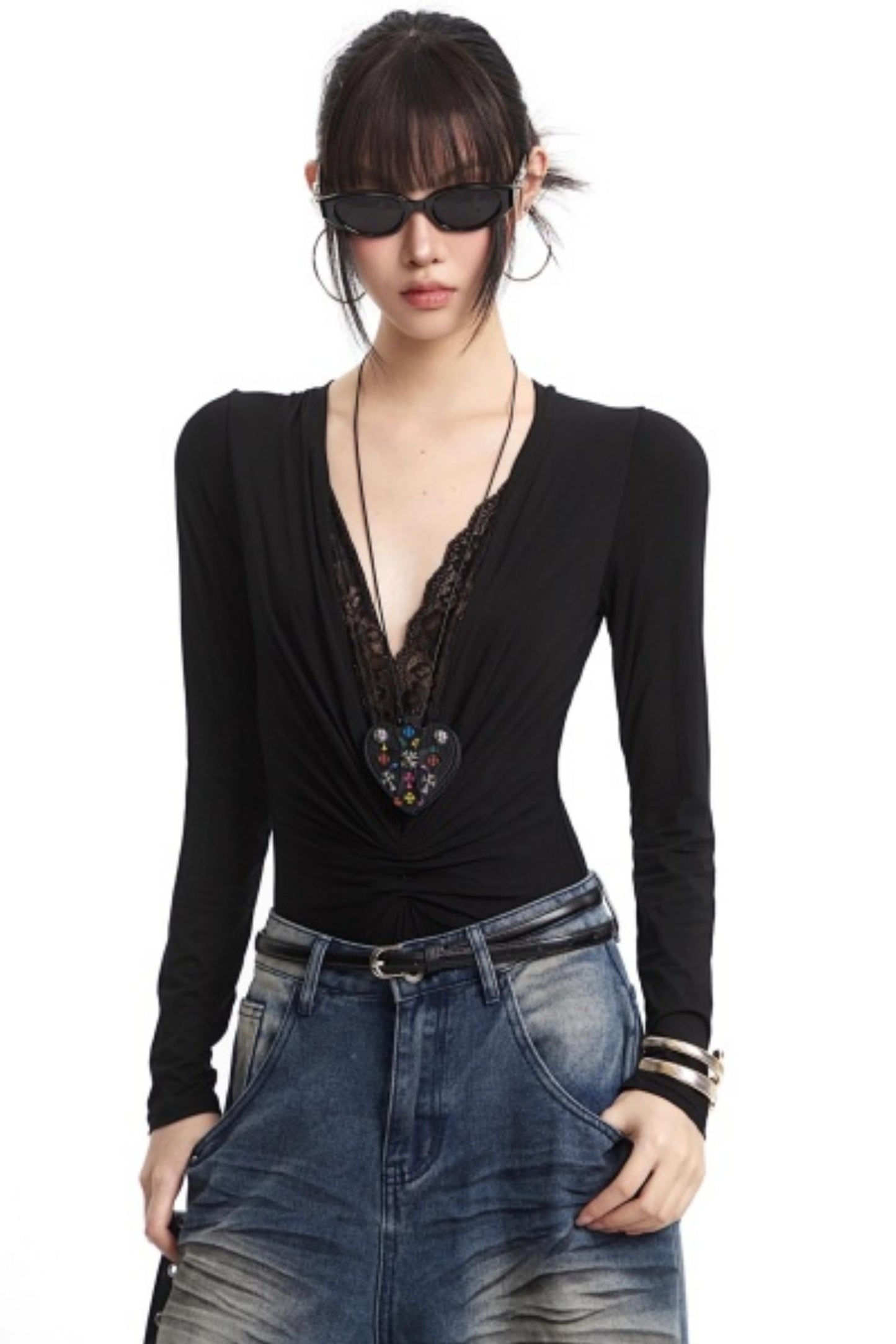 Lace Splicing V-Neck Top