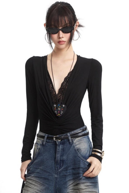 Lace Splicing V-Neck Top