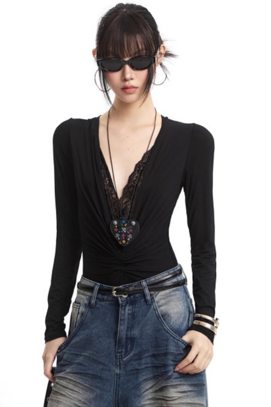 Lace Splicing V-Neck Top