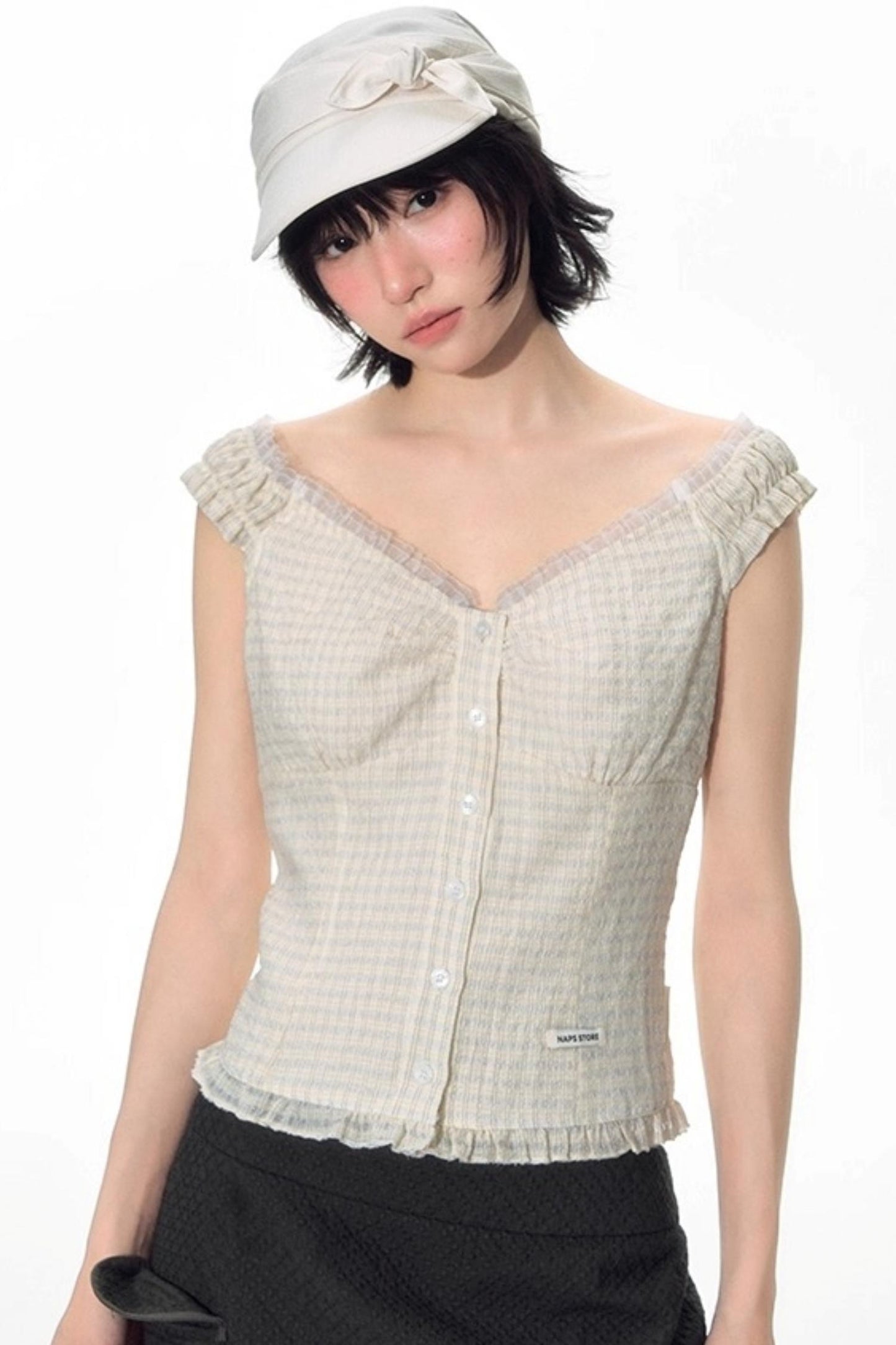 Checked Sleeveless One-Shoulder Shirt Set-Up