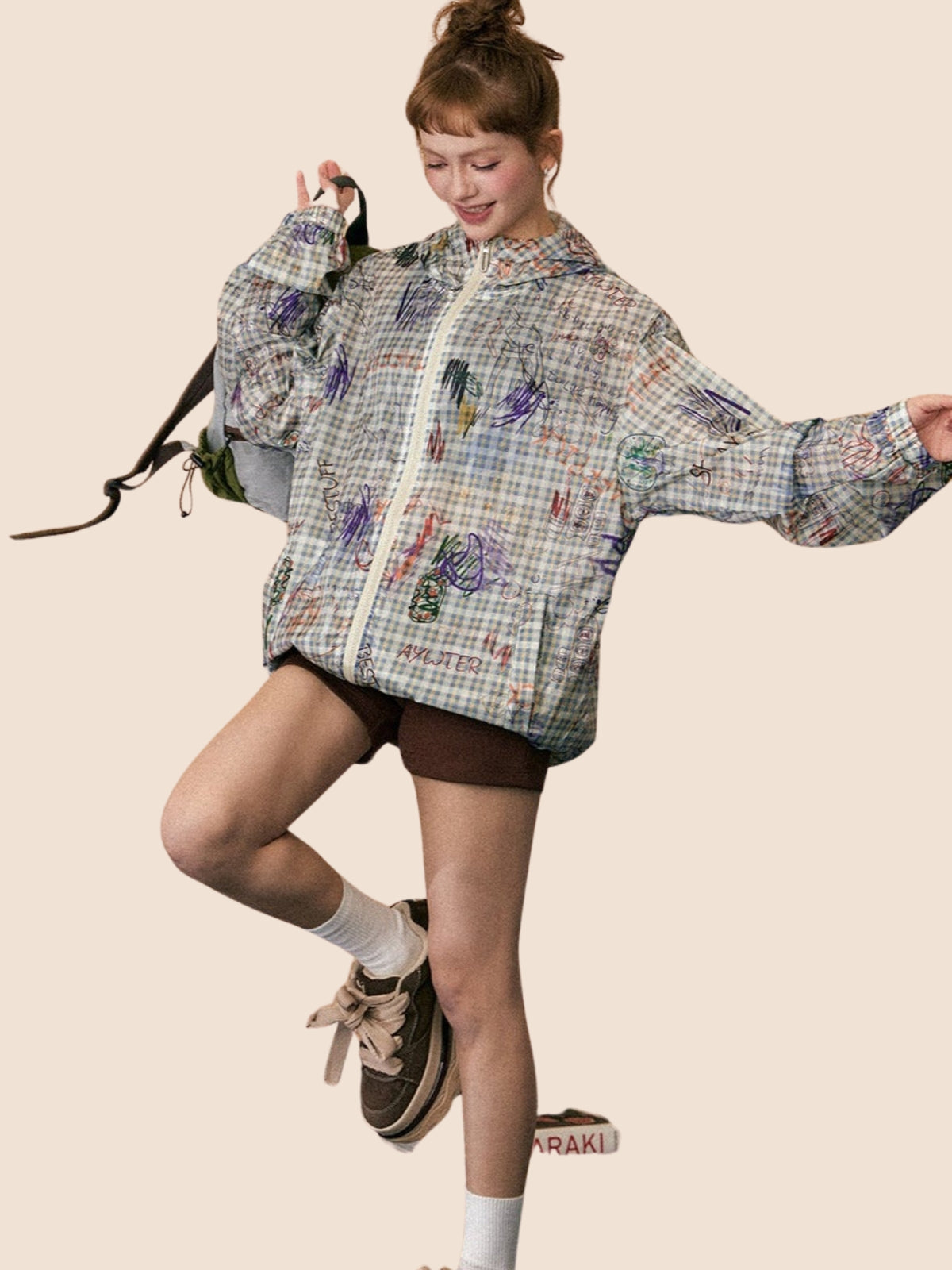 Graffiti Plaid Hooded Sunscreen Jacket