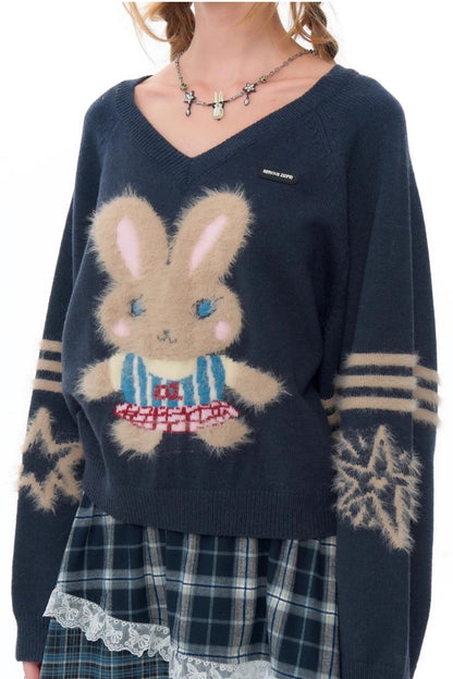 Plush Rabbit V-Neck Christmas Sweater