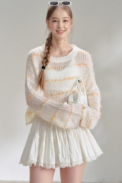 Silver Silk Blend Cropped Knit Blouse