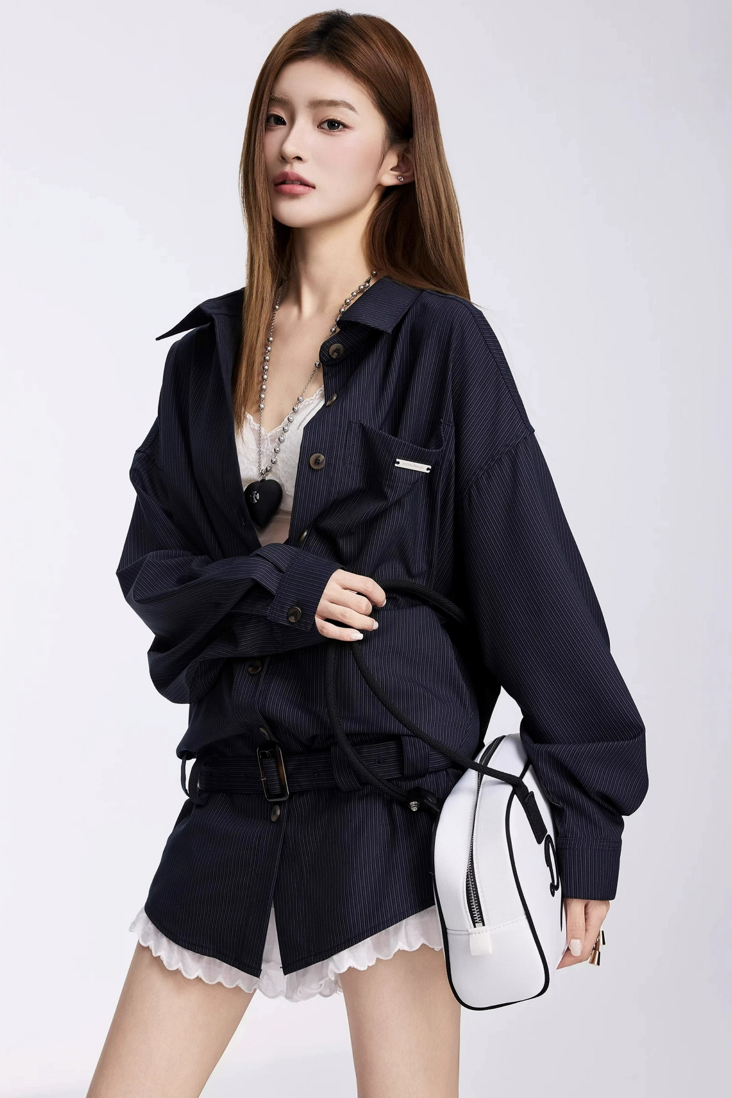 Belted Striped Shirt Dress Set-Up