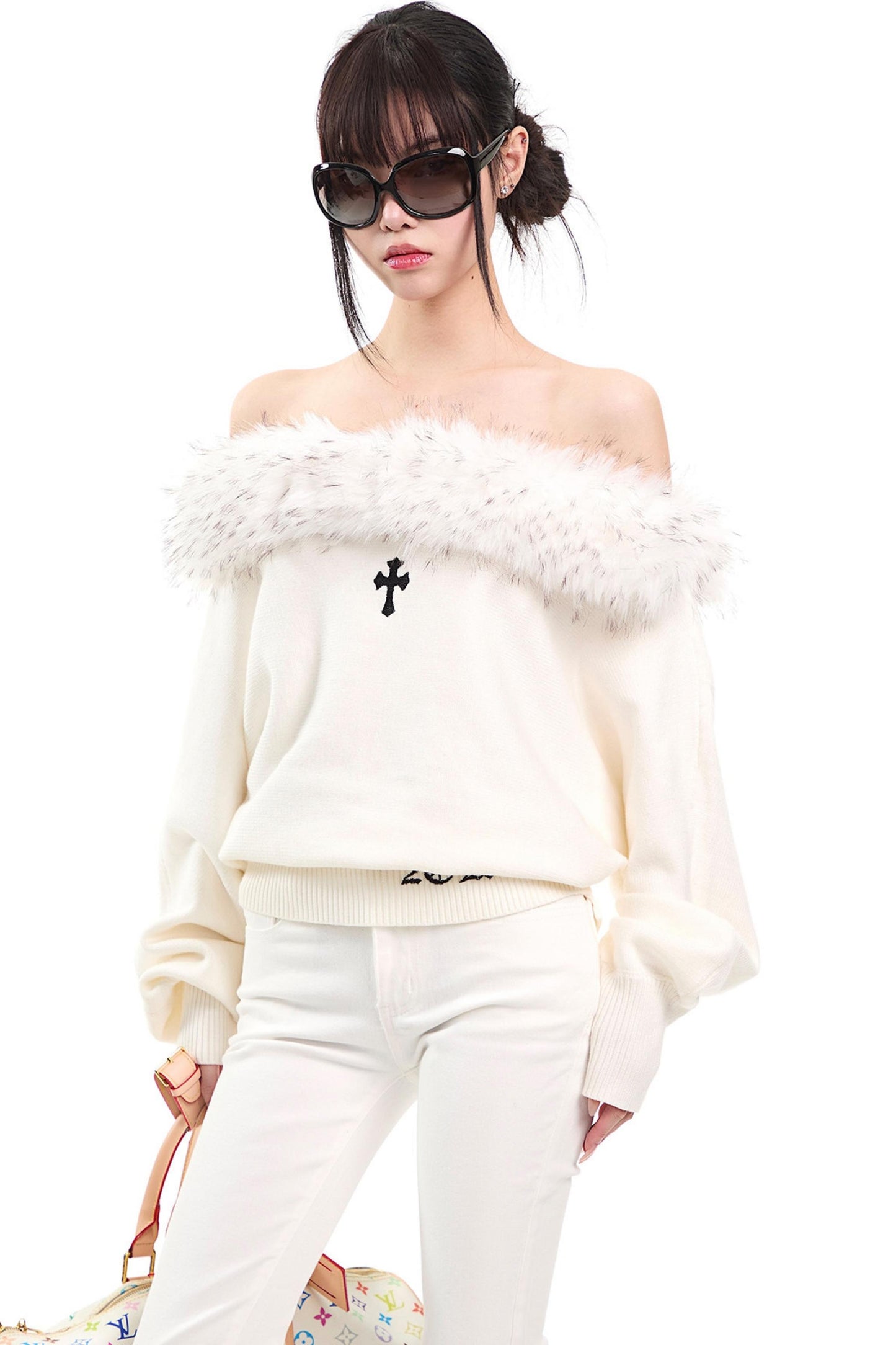 Off-Shoulder Fur Collar Sweater