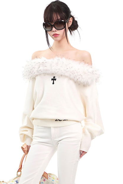 Off-Shoulder Fur Collar Sweater