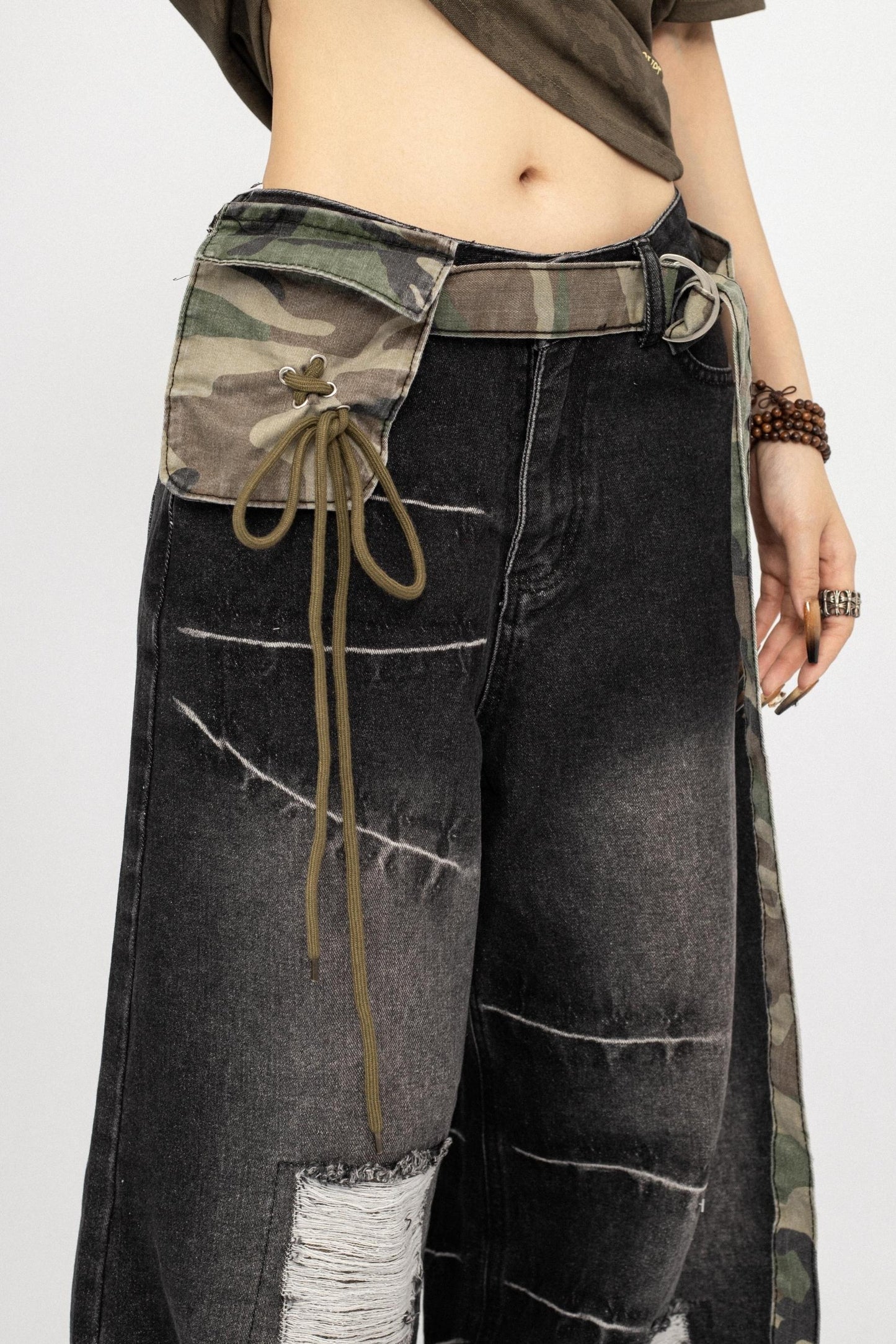 American Vintage Camouflage Ripped Loose Floor-Length Pants
