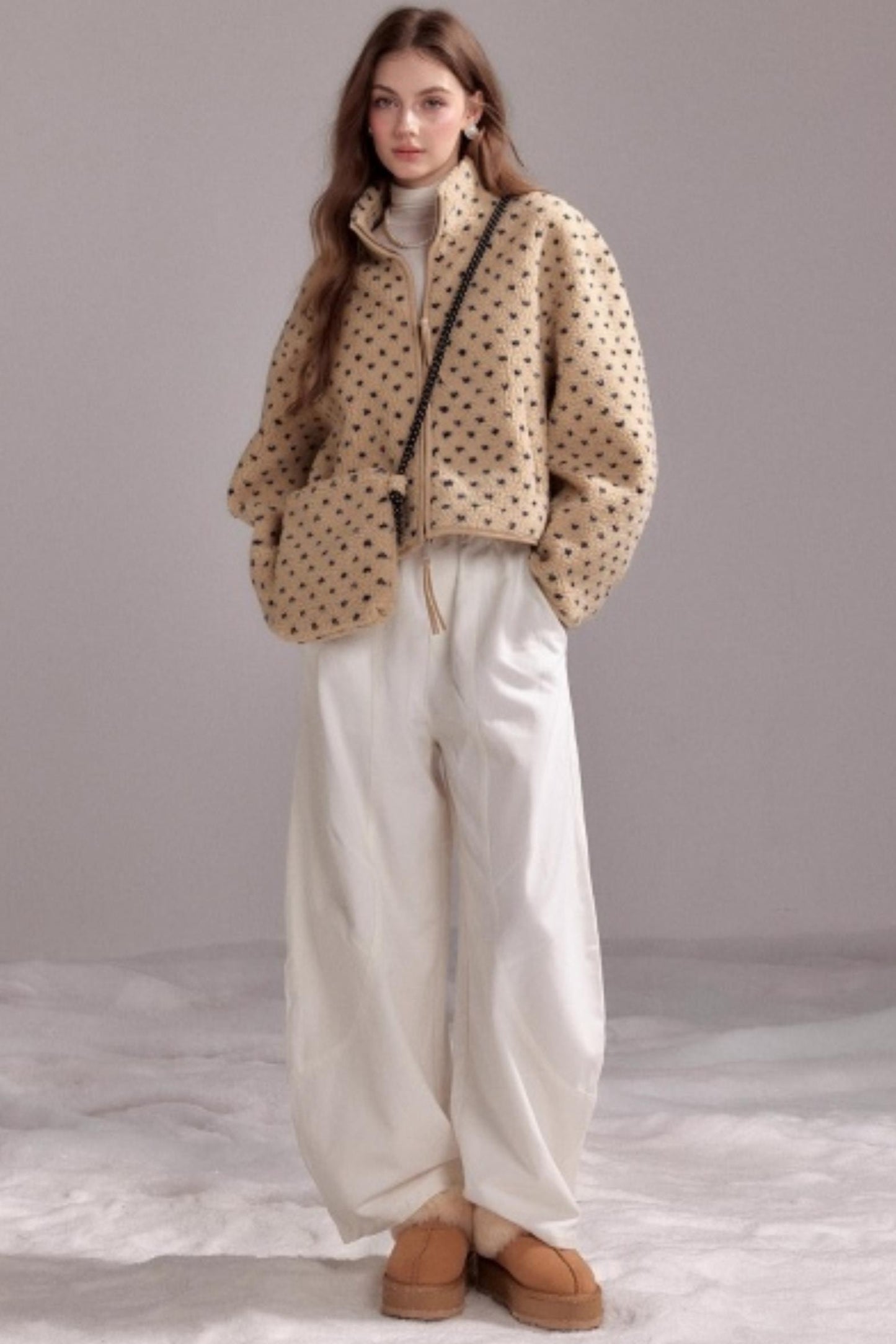 Soft Wool Polka Dot Zipper Jacket