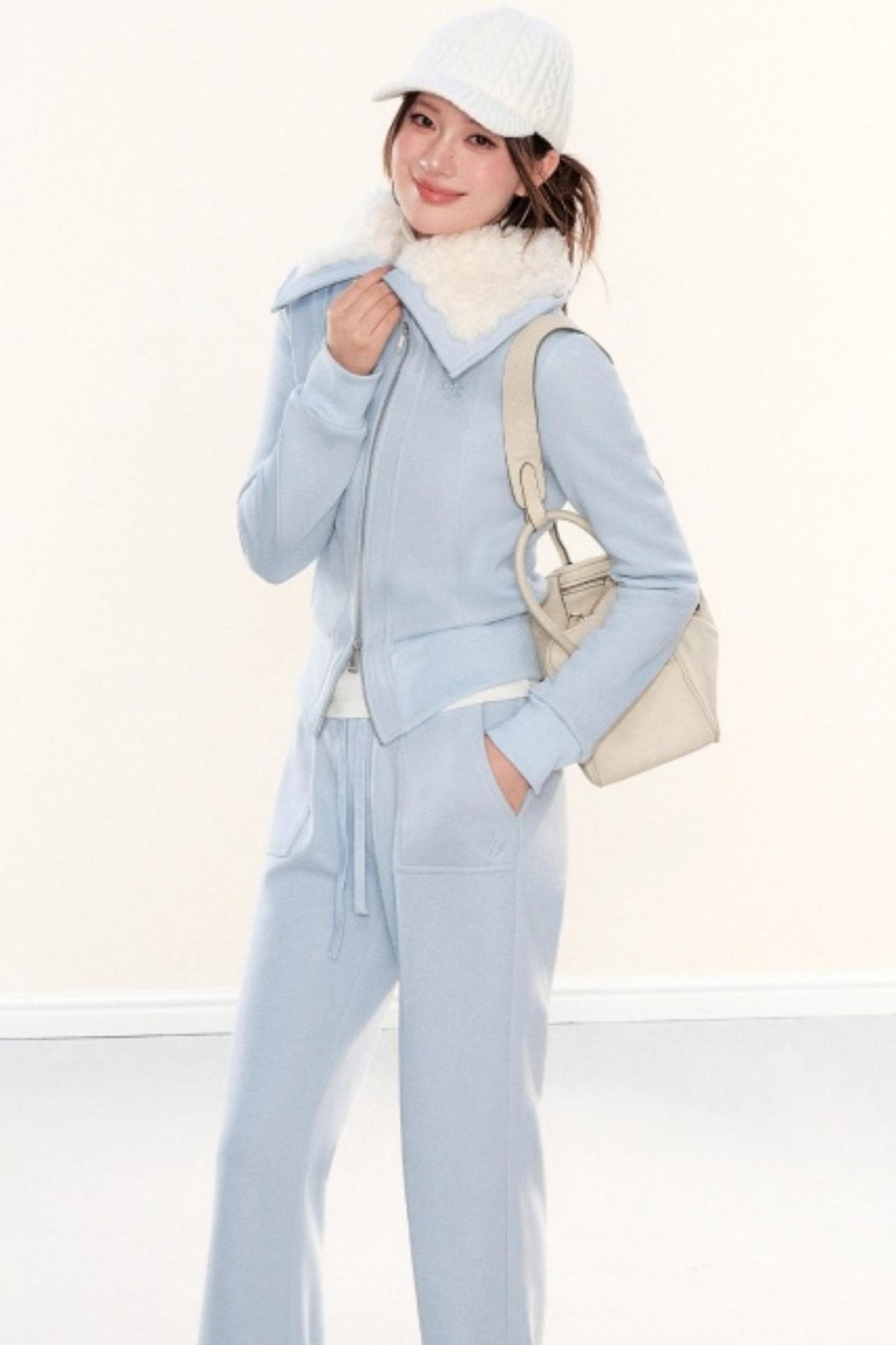 Lapel Fleece Slim Sweatshirt Jacket Set-Up