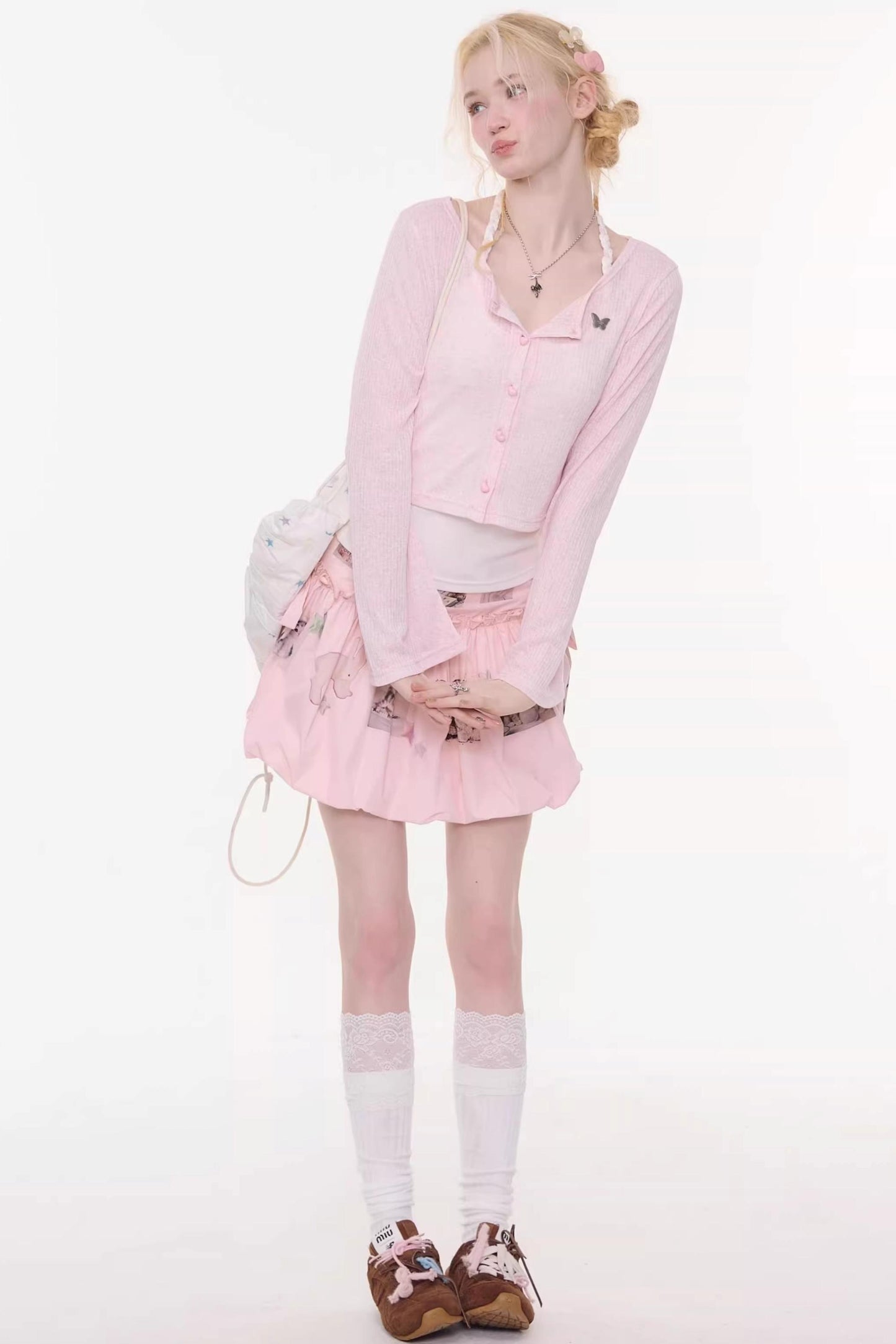 Bell-Sleeved Pink Knitted Cardigan