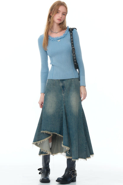 Irregular Design Blue Denim Skirt