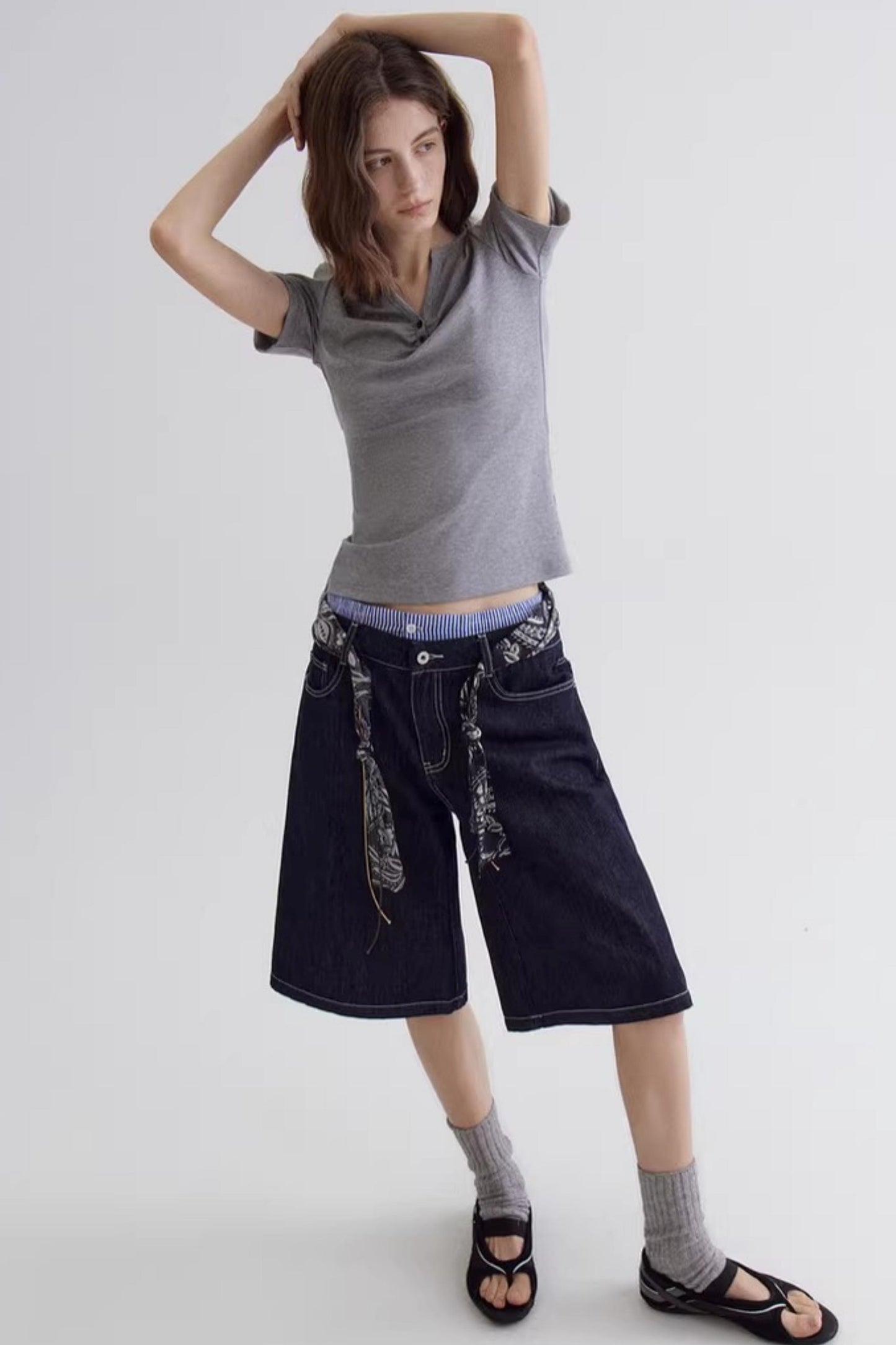 Gray V-Neck Waist-Cinching Top