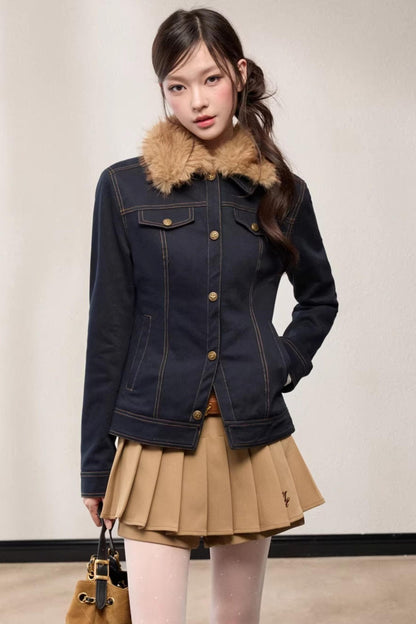 Fur Collar Patchwork Denim Jacket