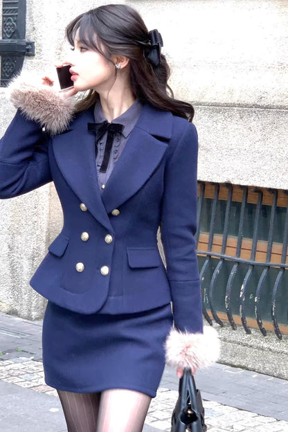 Navy Blue Velvet Wool Suit Set-Up