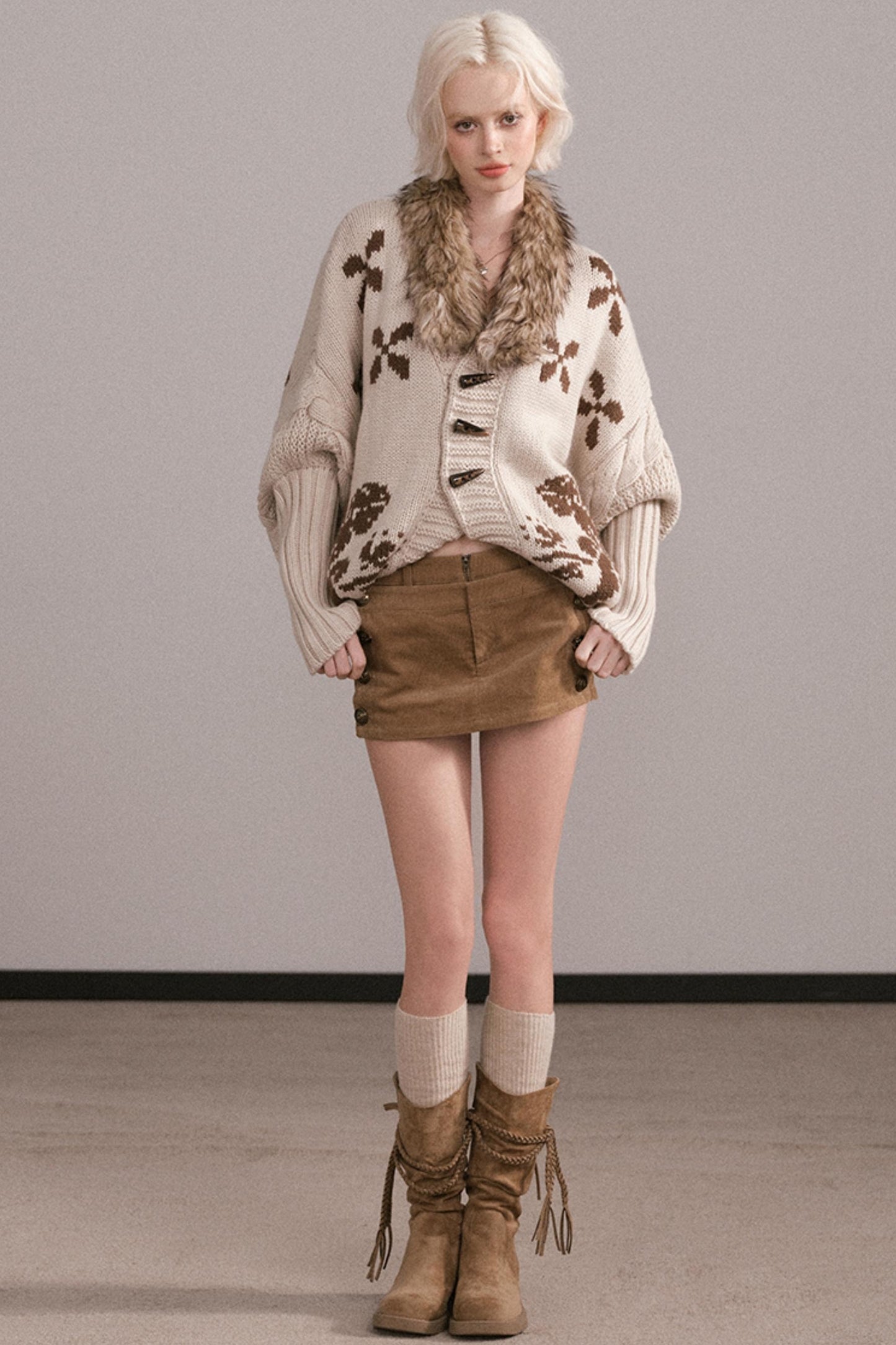 Jacquard Fur Collar Batwing Jacket