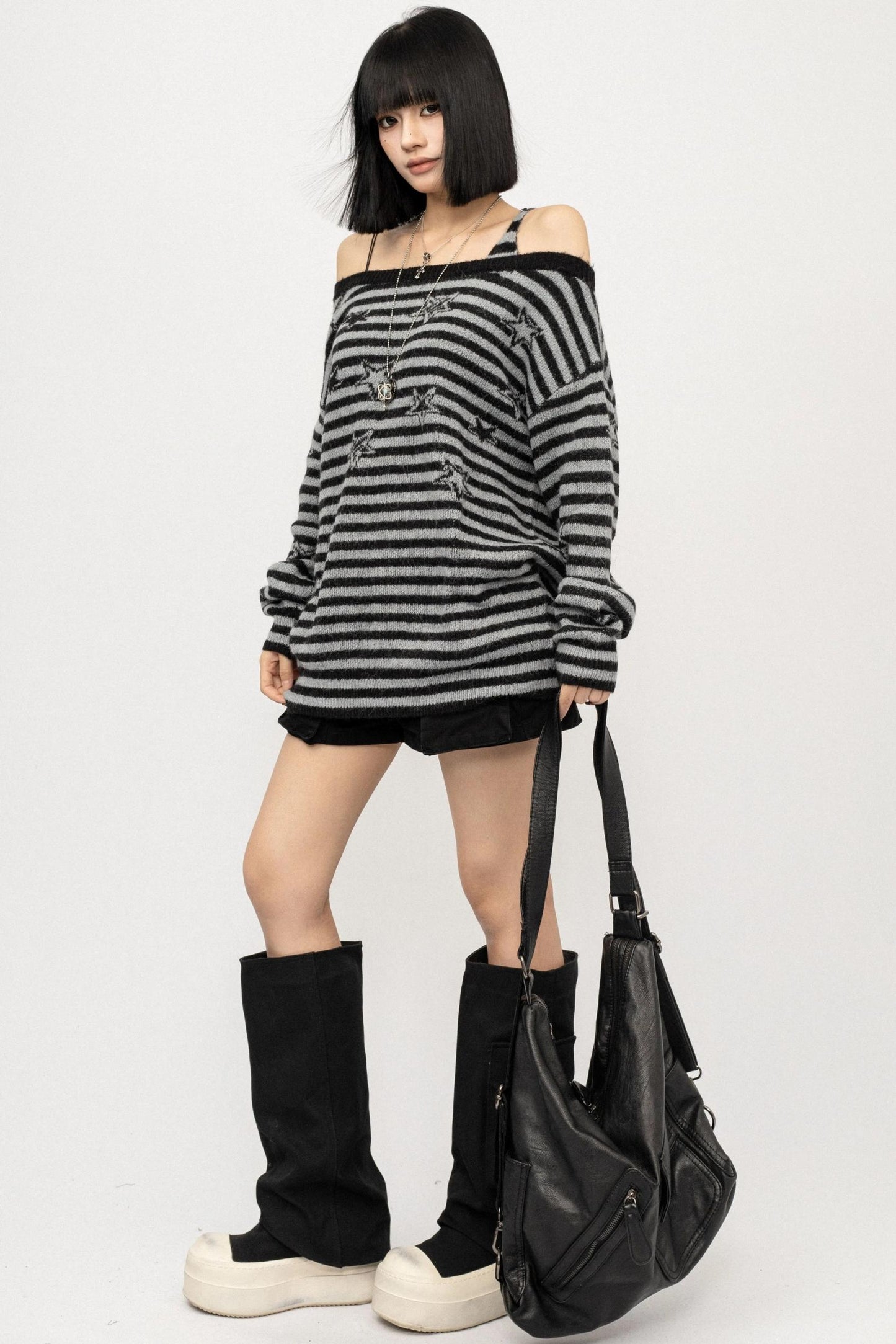 Striped One-Shoulder Knitted Sweater