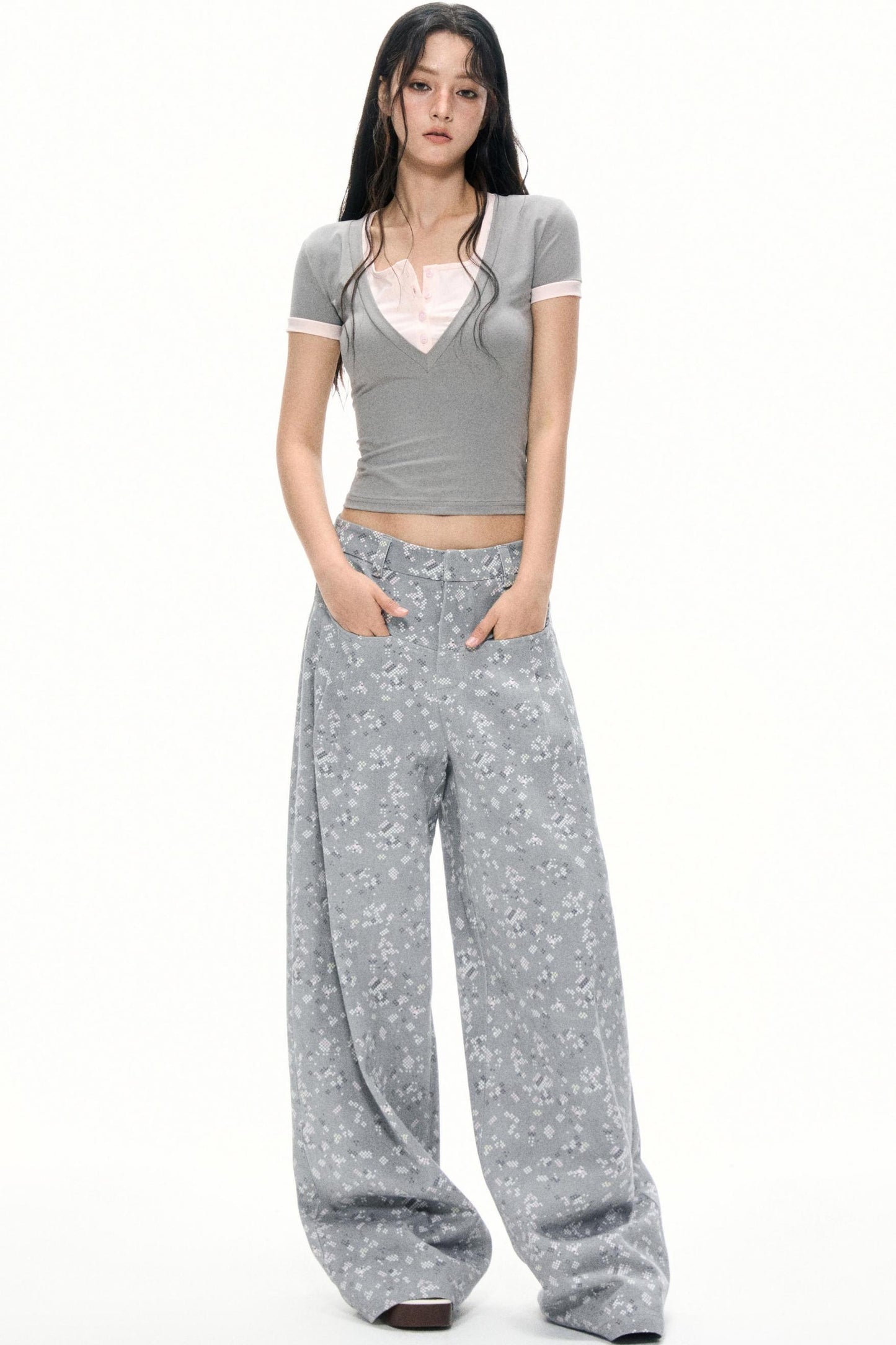 Gray Floral Wide-Leg Pants