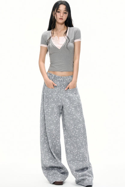 Gray Floral Wide-Leg Pants
