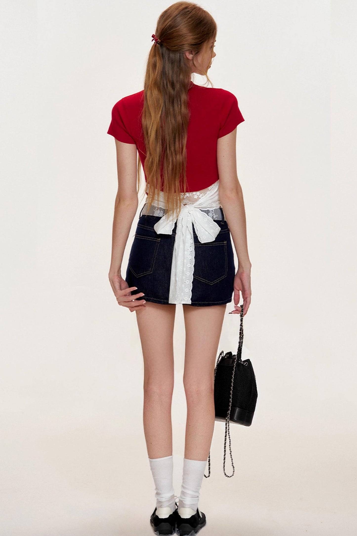 French Lace-panel A-line Denim Skirt