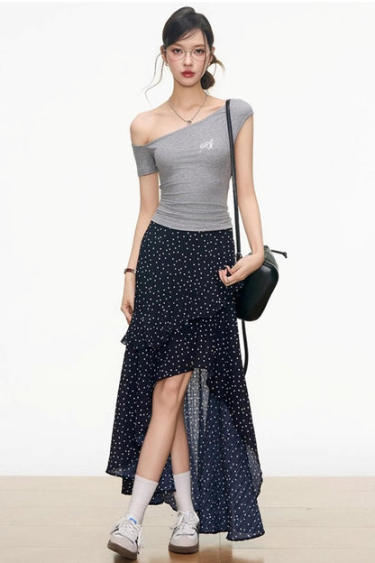 Asymmetrical Grey Top & Polka Dot Maxi Skirt Set-Up