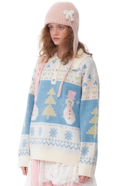 Retro Contrast Snowman Polo Neck Sweater