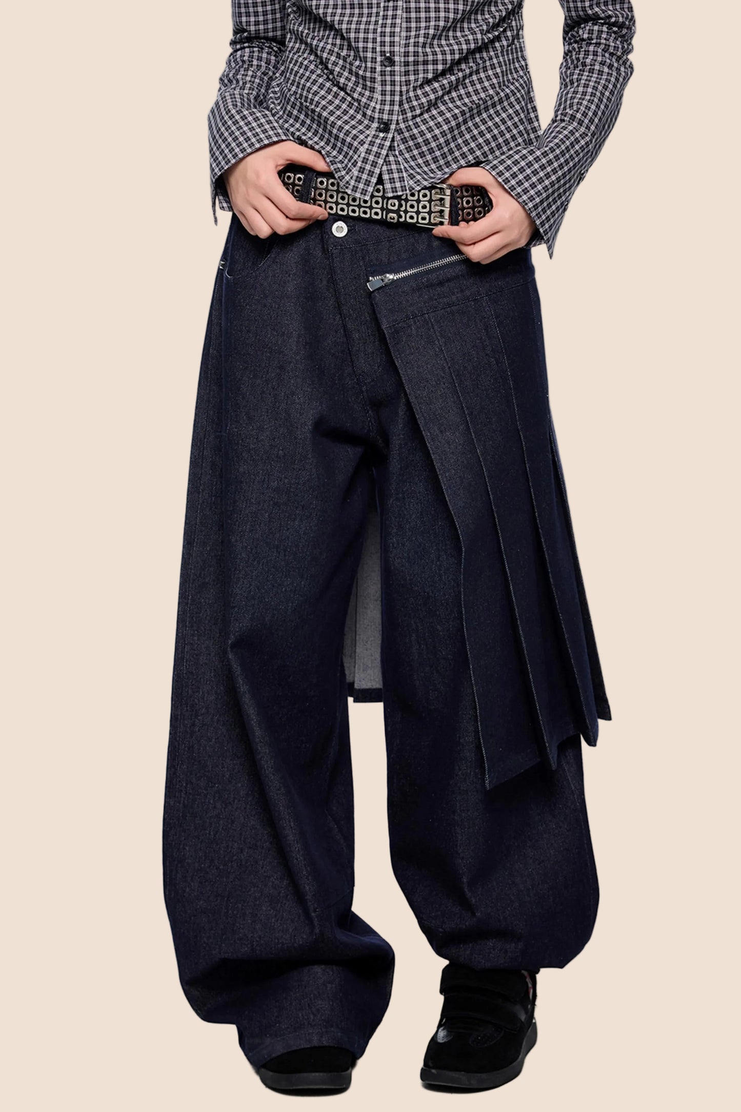Detachable Pleated Denim Skirt Pants