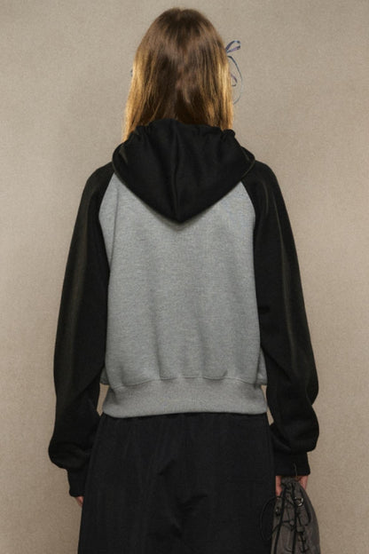 Contrast Sleeve Knitted Zip-Up Hoodie