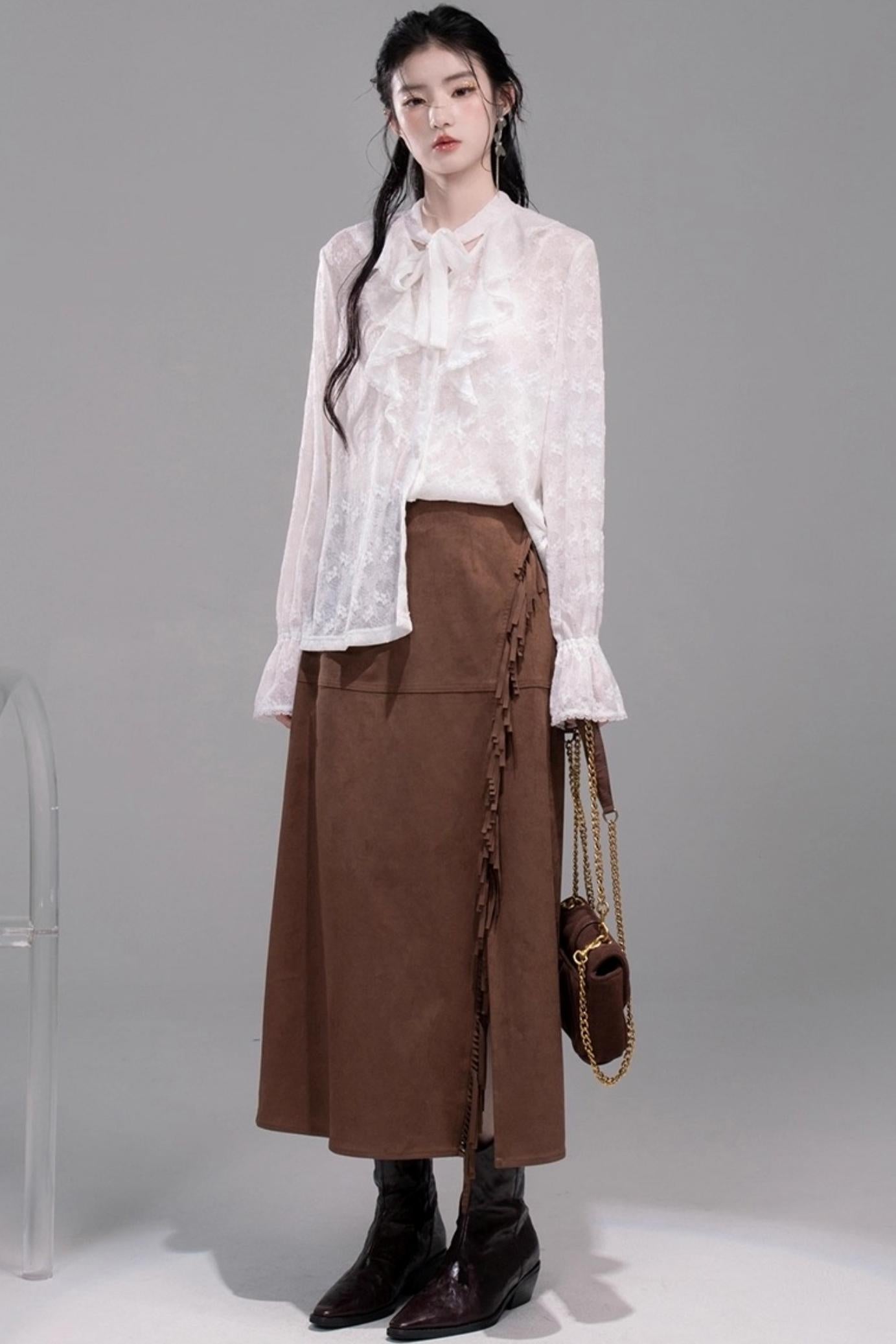 White Cloud Gauze Ruffled Shirt Set