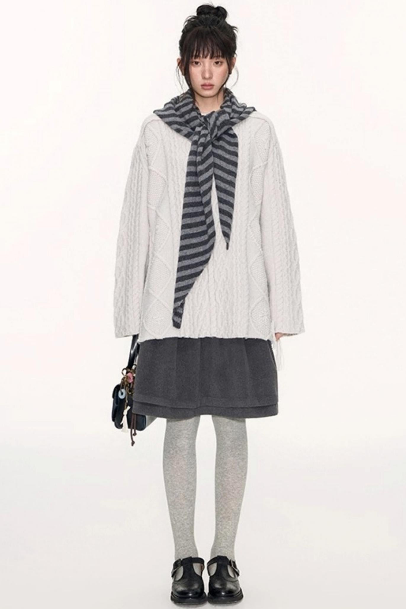 Crew Neck Crochet Cable Knit Sweater