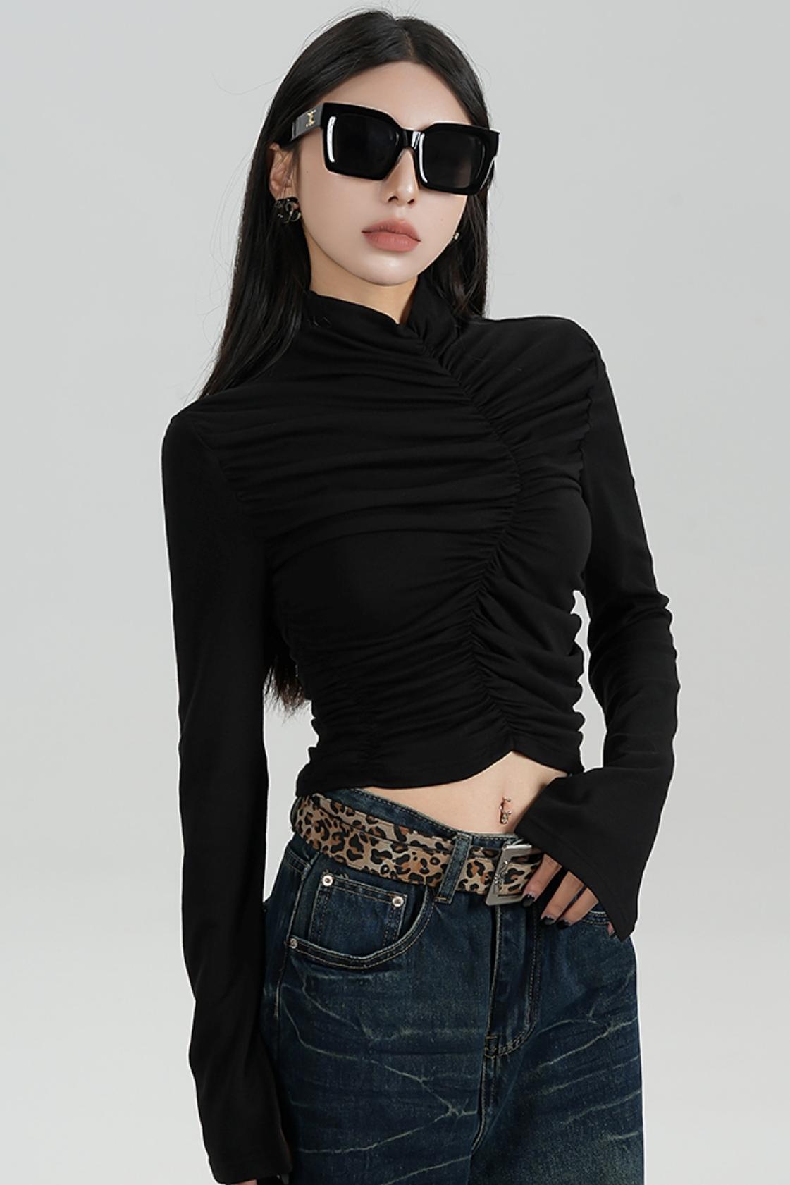 SRYSAME's fashionable design, pleated high-waisted base layer, T-shirt, long-sleeved top, autumn new women's wear