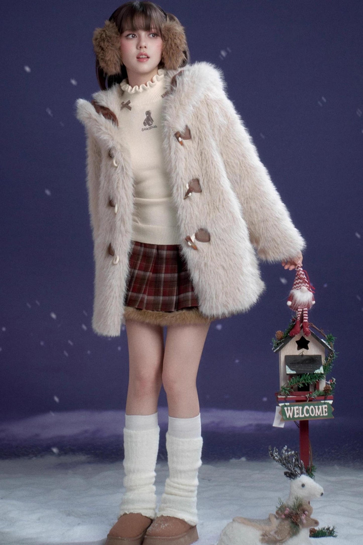 Red-Brown Plaid Skirt Coat Set-Up