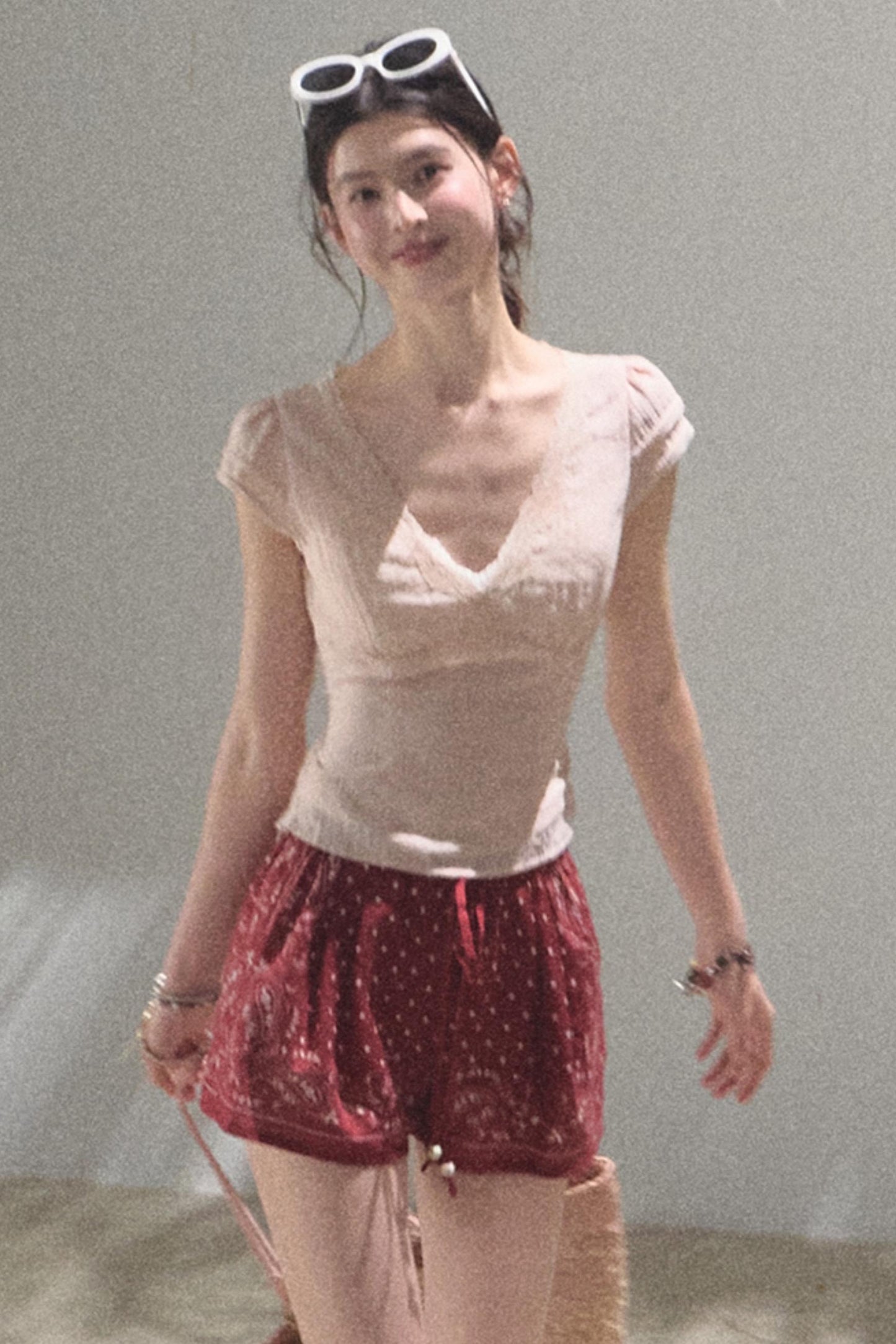 Fuzzy Lace V-Neck Tie Top