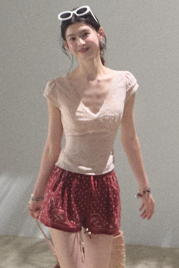 Fuzzy Lace V-Neck Tie Top