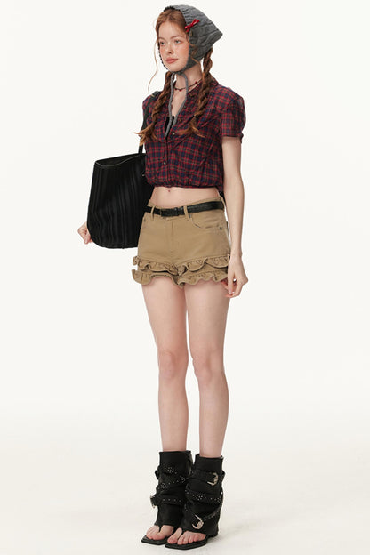 Khaki Lace Denim Shorts