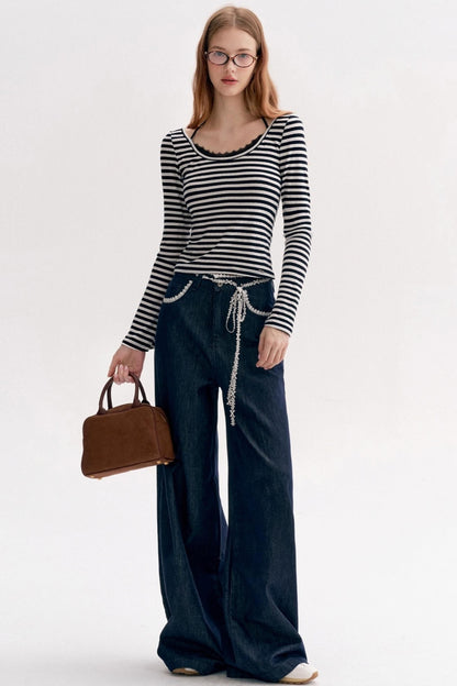 Lace Panel Bow Wide-Leg Jeans