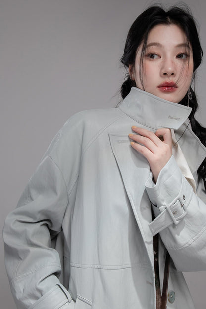 First Gray Leather Trench Coat