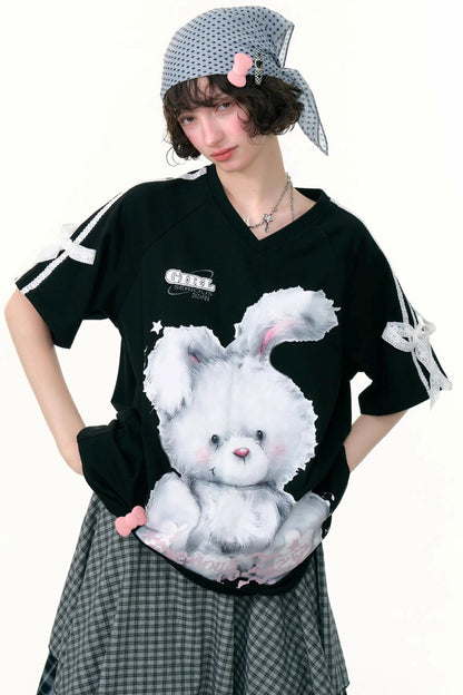 Summer Vintage Lace Bow Short Sleeve T-Shirt