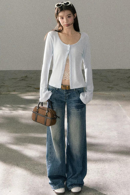 Lace-Detail Micro-Flare Knit Top
