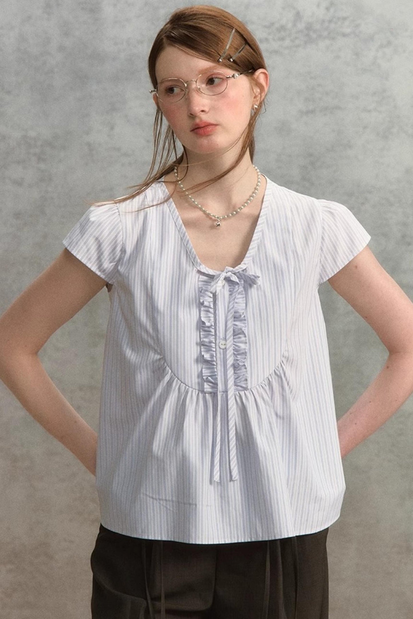 Striped V-Neck Lace Blouse