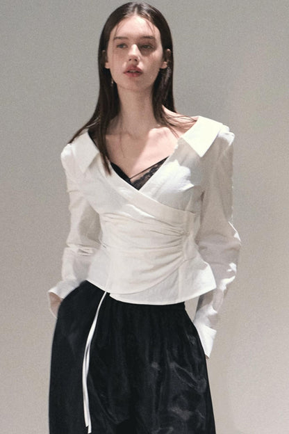 Crumpled Texture Collar Stretch Shirt